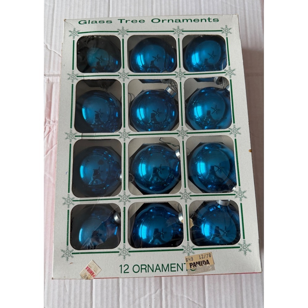 Vtg Coby Glass Products 12 Pc Christmas Ornaments Blue Shiny Round American Made
